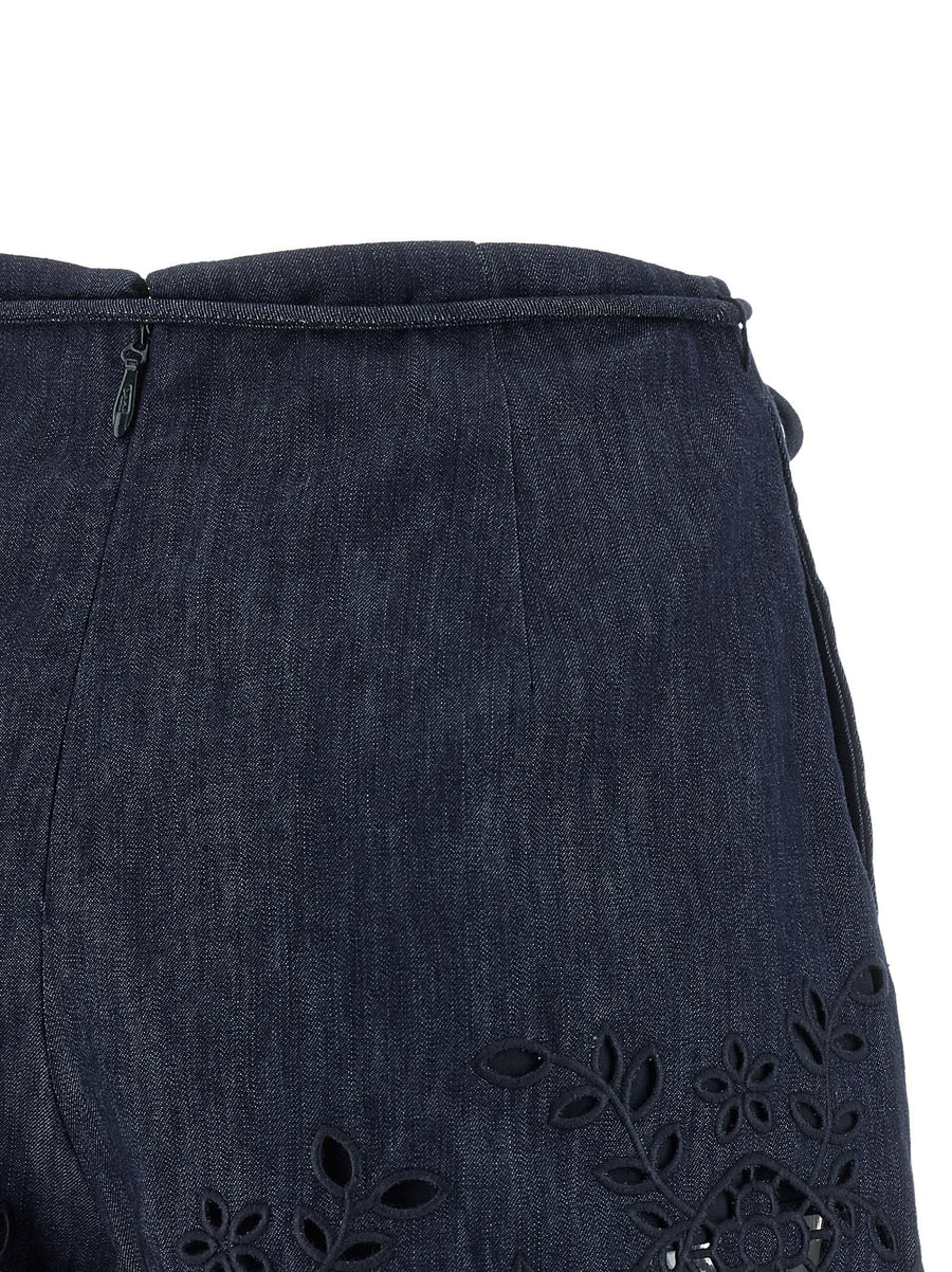 Zimmermann Mahon Blue High Waist Flared Cotton Denim Shorts With Scalloped Hems