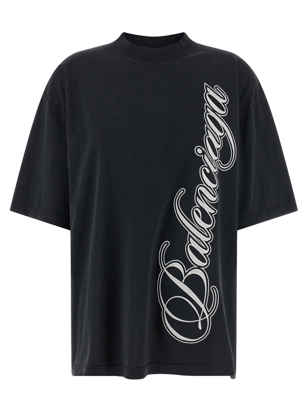 Balenciaga Cursive Embroidered Black Cotton T Shirt Women