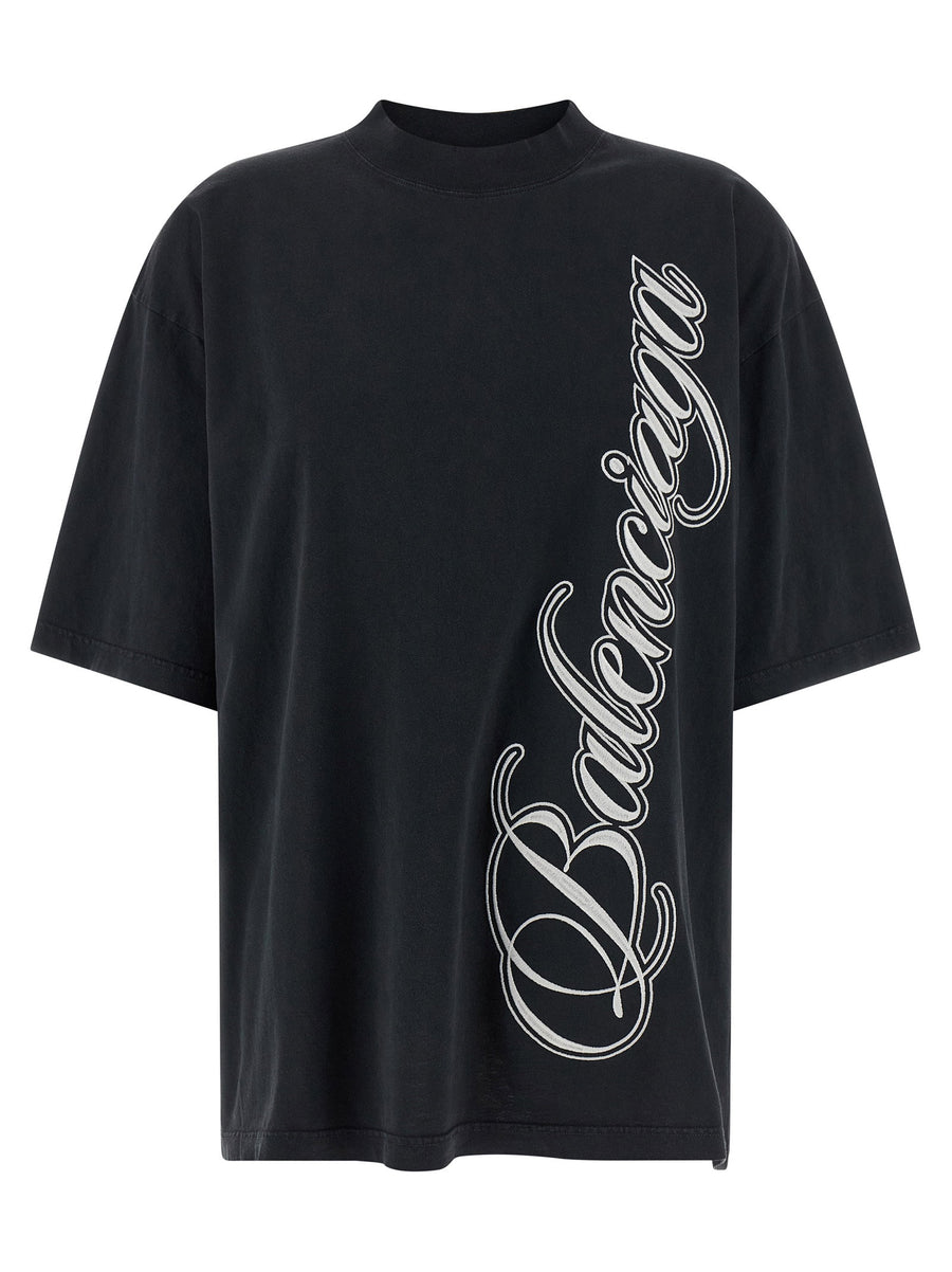 Balenciaga Cursive Embroidered Black Cotton T Shirt Women