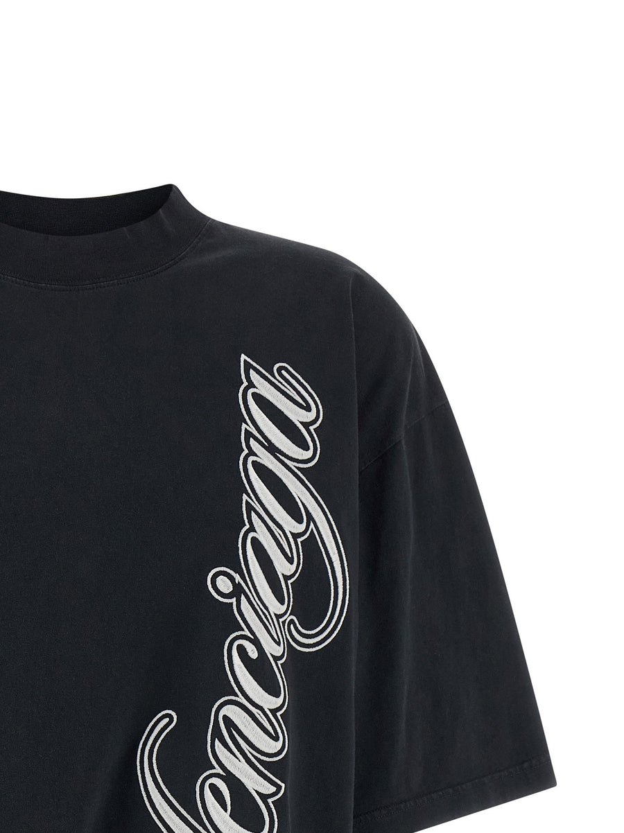 Balenciaga Cursive Embroidered Black Cotton T Shirt Women