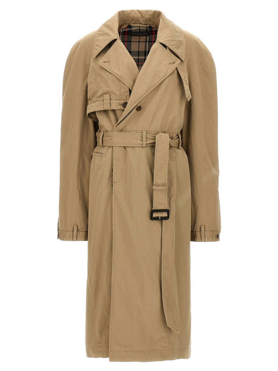 Balenciaga Deconstructed Trench Coat for Women Beige 100 Percent Cotton Oversized with Fabric Belt