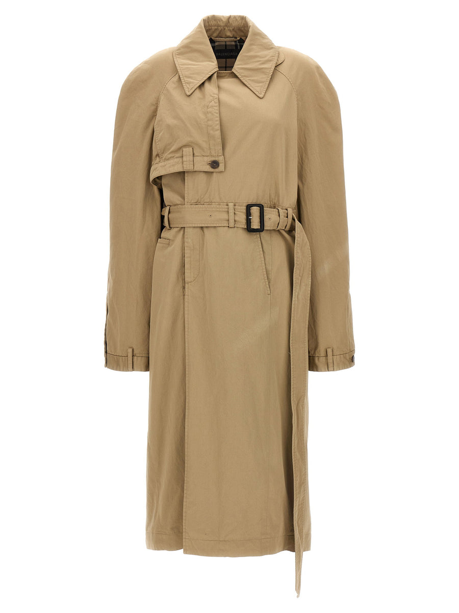 Balenciaga Deconstructed Trench Coat for Women Beige 100 Percent Cotton Oversized with Fabric Belt