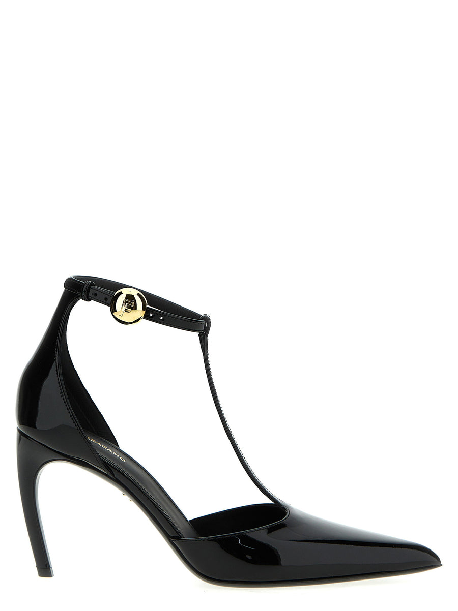 Ferragamo Odette Black Patent Leather Pumps With Ankle Strap