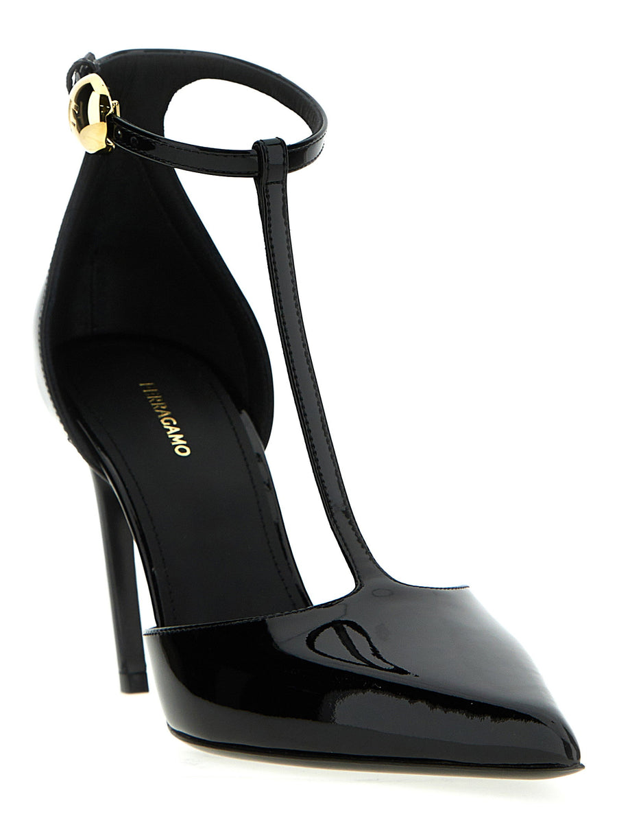 Ferragamo Odette Black Patent Leather Pumps With Ankle Strap