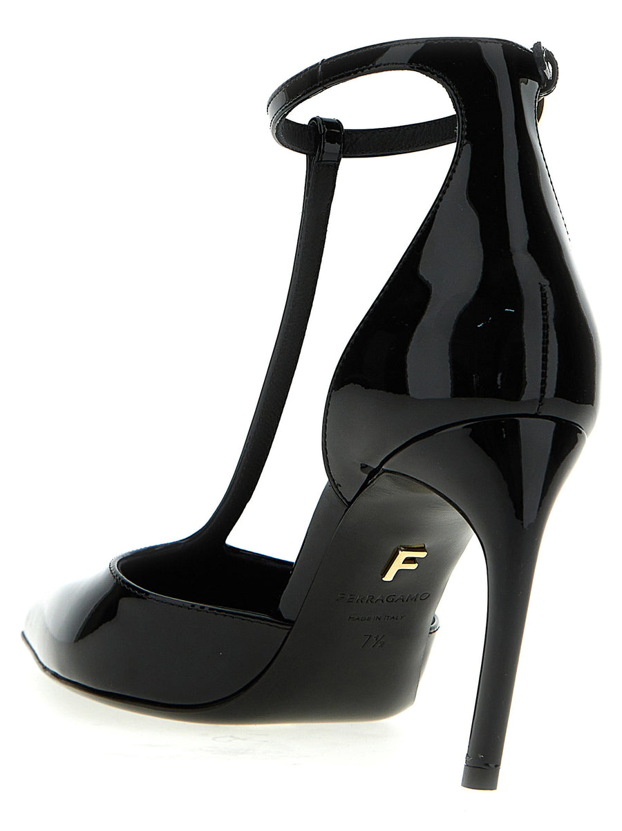 Ferragamo Odette Black Patent Leather Pumps With Ankle Strap