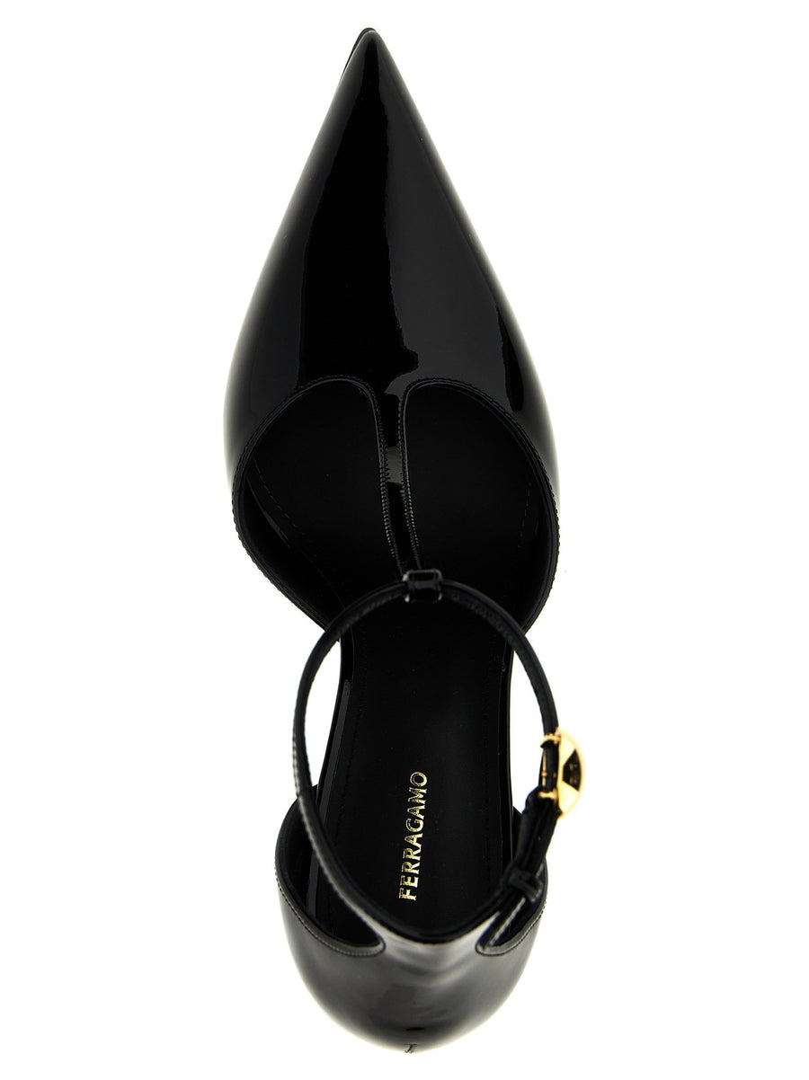 Ferragamo Odette Black Patent Leather Pumps With Ankle Strap