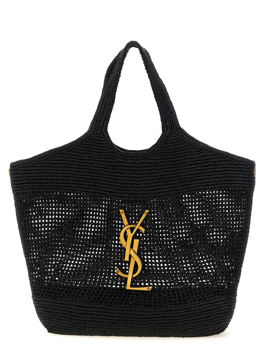 Saint Laurent Icare Raffia Shopping Bag With Oversized Cassandre Logo And Hand Crocheted Leather For Women