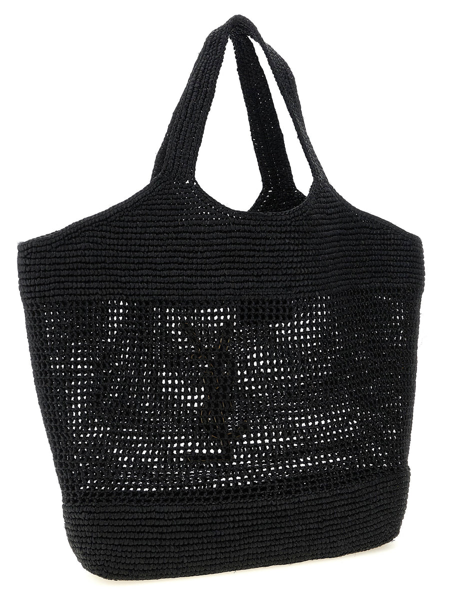 Saint Laurent Icare Raffia Shopping Bag With Oversized Cassandre Logo And Hand Crocheted Leather For Women