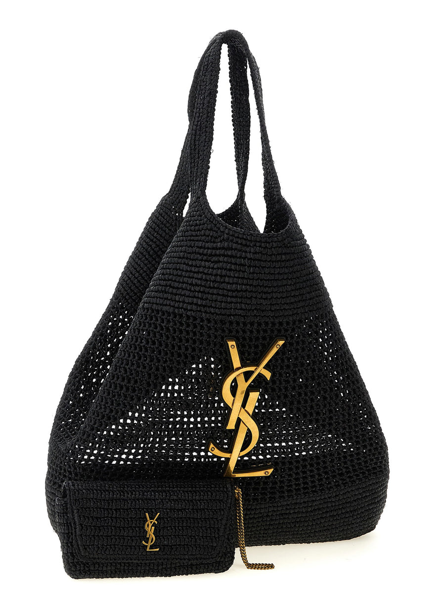 Saint Laurent Icare Raffia Shopping Bag With Oversized Cassandre Logo And Hand Crocheted Leather For Women