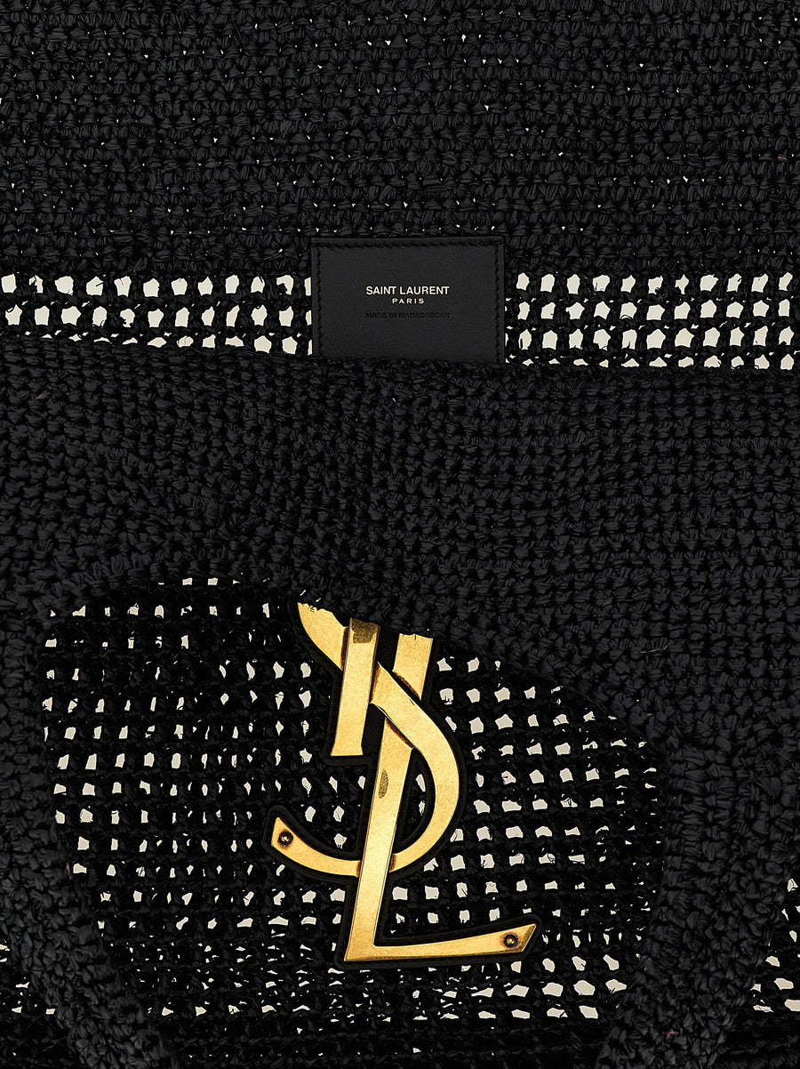 Saint Laurent Icare Raffia Shopping Bag With Oversized Cassandre Logo And Hand Crocheted Leather For Women