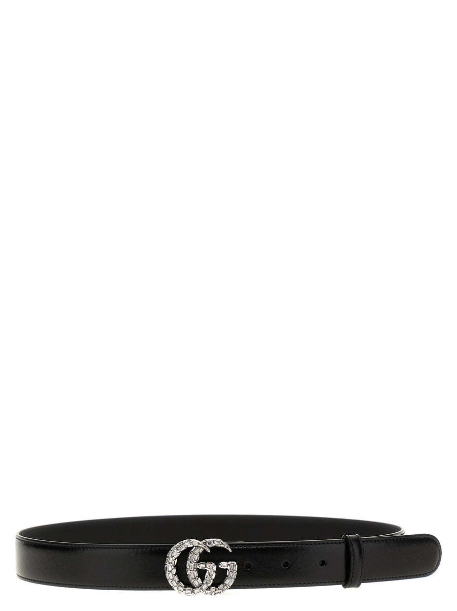 Gucci GG Marmont Crystal Logo Belt Black Leather Accessory