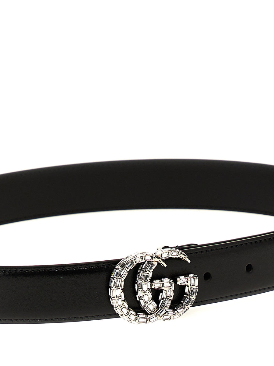 Gucci GG Marmont Crystal Logo Belt Black Leather Accessory