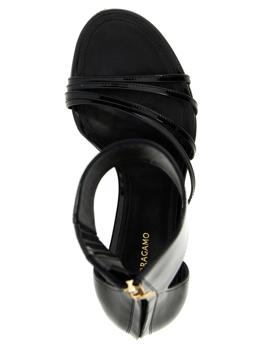 Ferragamo Clethra Sandals Luxurious Black Calf Leather With Ankle Strap Back Zip Curved Heel For Women