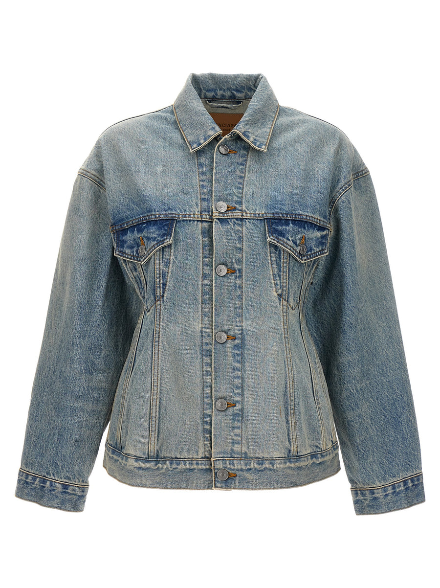 Balenciaga Hourglass Denim Jacket For Women Cinched Waist Light Blue Cotton Spring 2024 Collection