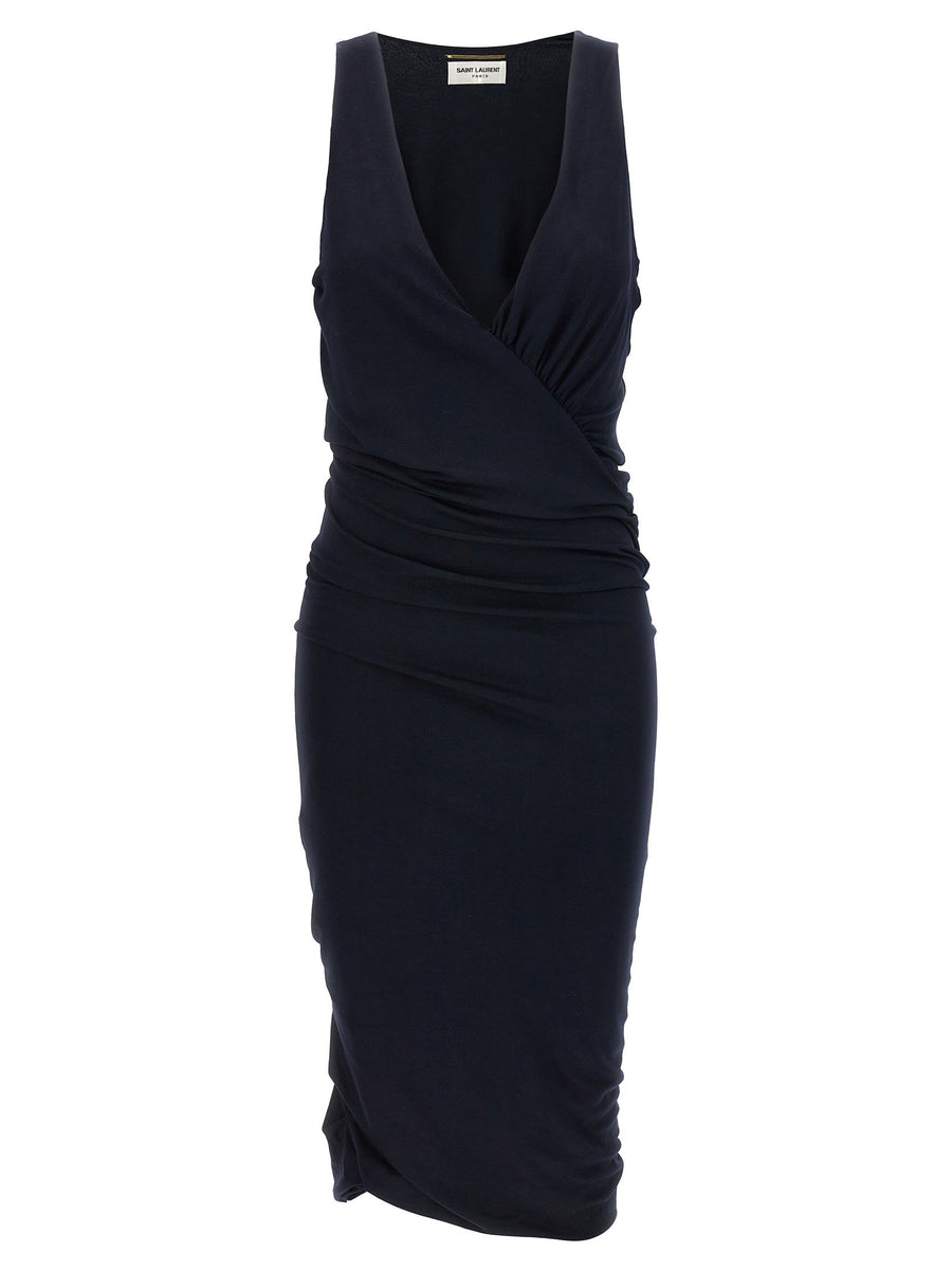 Saint Laurent Jersey Dress for Women Blue Sleeveless Midi with Ruched Details for Everyday Luxury
