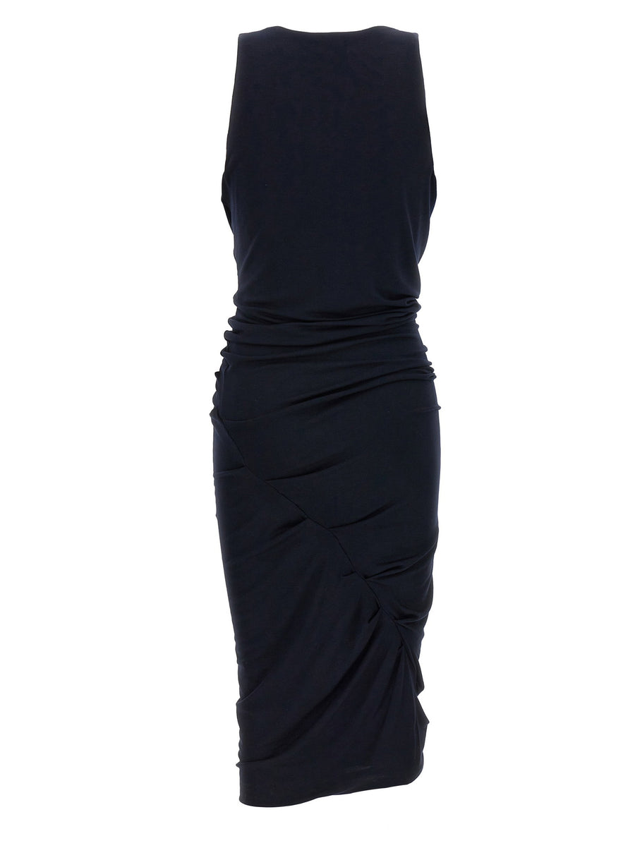 Saint Laurent Jersey Dress for Women Blue Sleeveless Midi with Ruched Details for Everyday Luxury