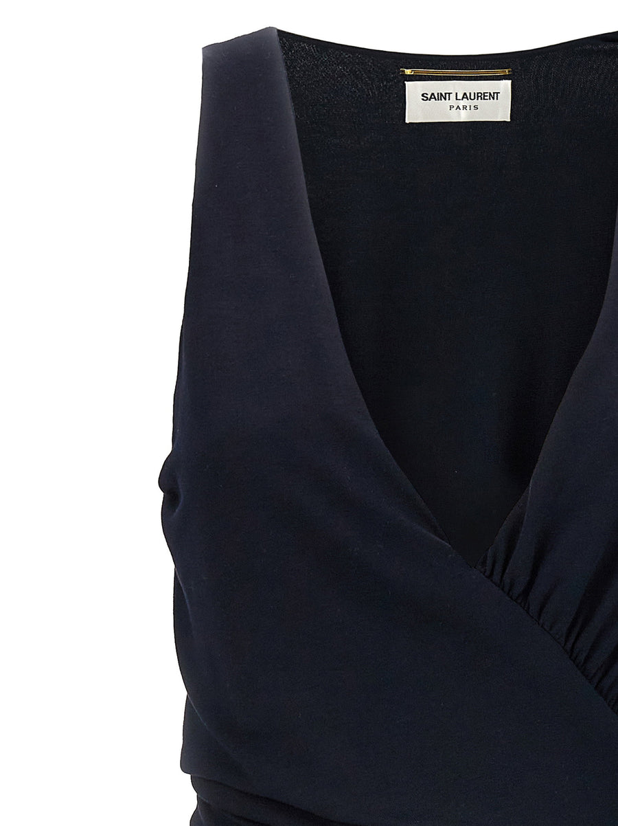 Saint Laurent Jersey Dress for Women Blue Sleeveless Midi with Ruched Details for Everyday Luxury