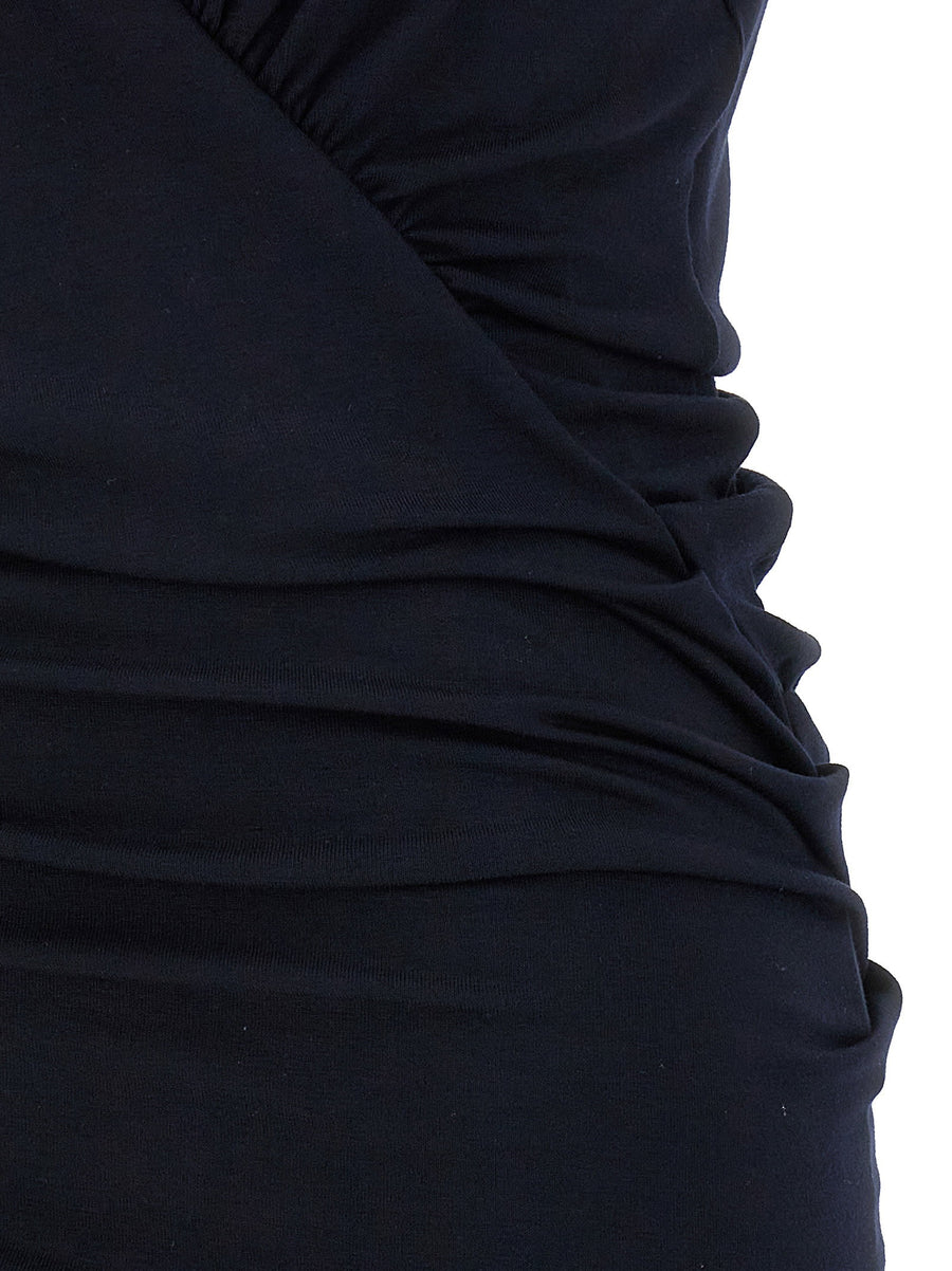 Saint Laurent Jersey Dress for Women Blue Sleeveless Midi with Ruched Details for Everyday Luxury