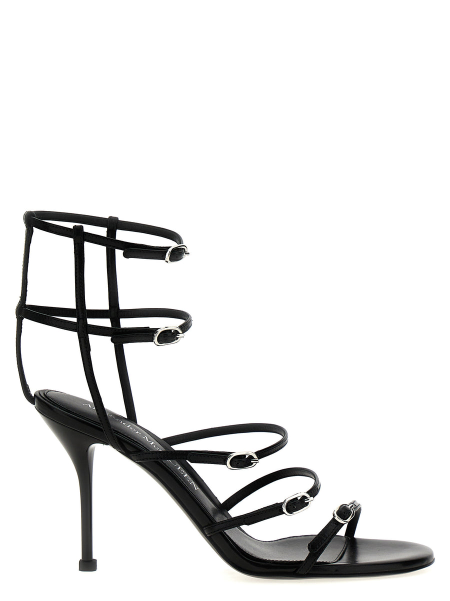 Alexander McQueen Strap Leather Sandals For Women Black Sheepskin With Adjustable Straps And 10cm Lacquered Heel