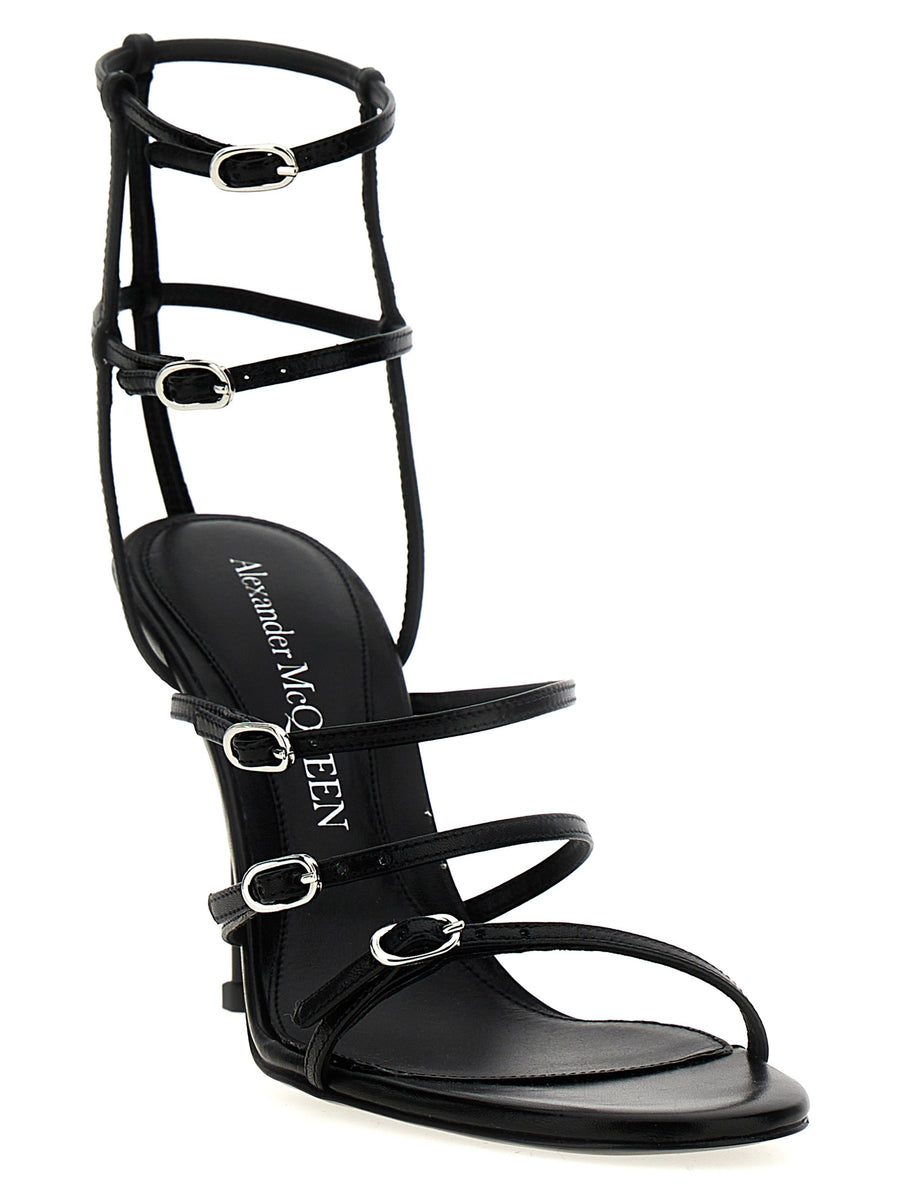 Alexander McQueen Strap Leather Sandals For Women Black Sheepskin With Adjustable Straps And 10cm Lacquered Heel