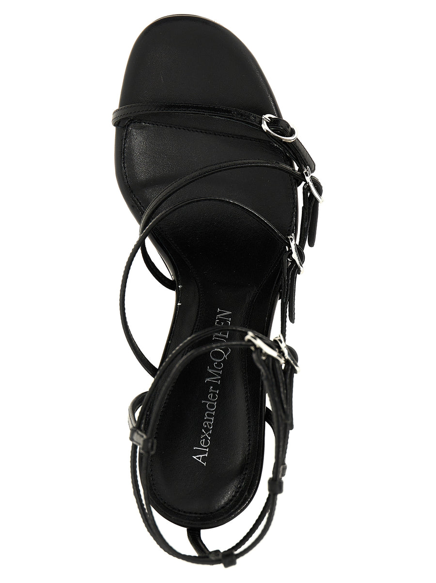 Alexander McQueen Strap Leather Sandals For Women Black Sheepskin With Adjustable Straps And 10cm Lacquered Heel