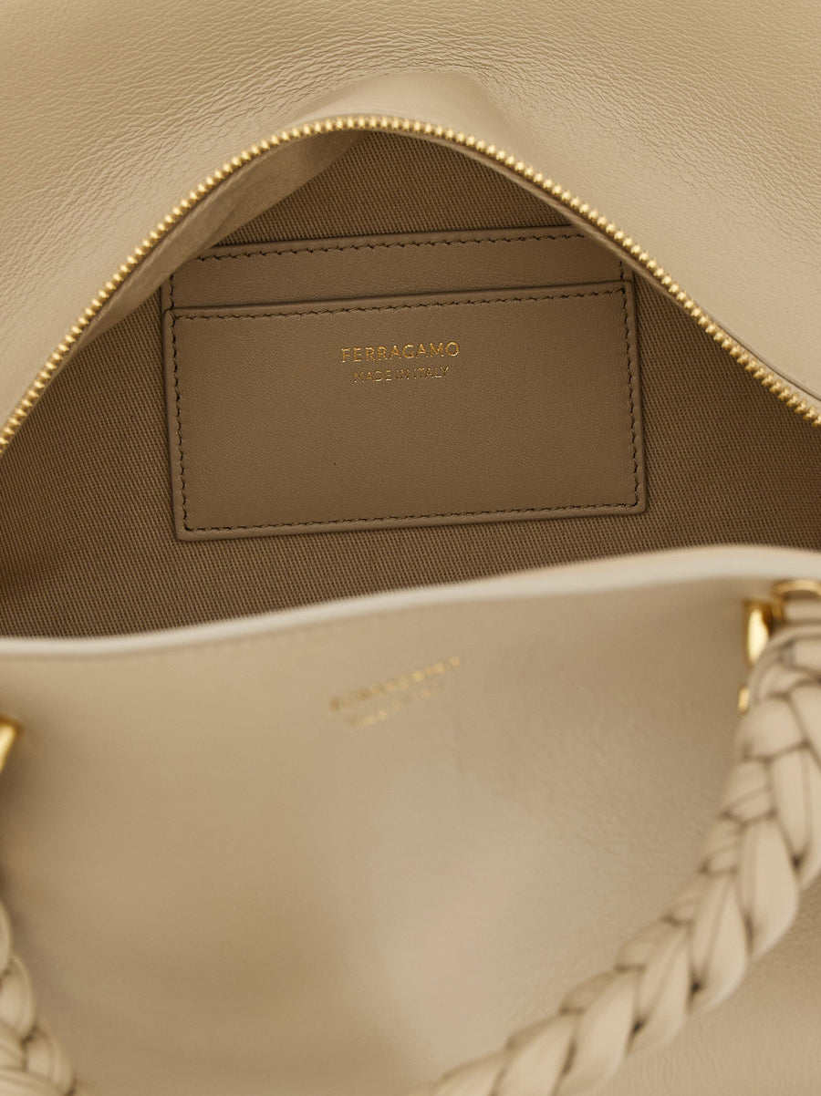 Ferragamo Handbag Luxurious Gray Calfskin With Adjustable Strap And Zip Closure For Women Everyday Use