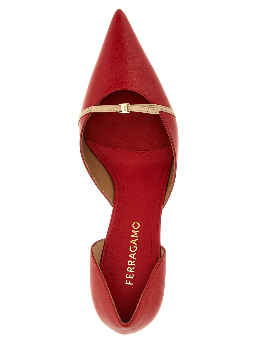 Ferragamo Gyoia Pumps Red Goat Leather Front Strap Pointed Toe