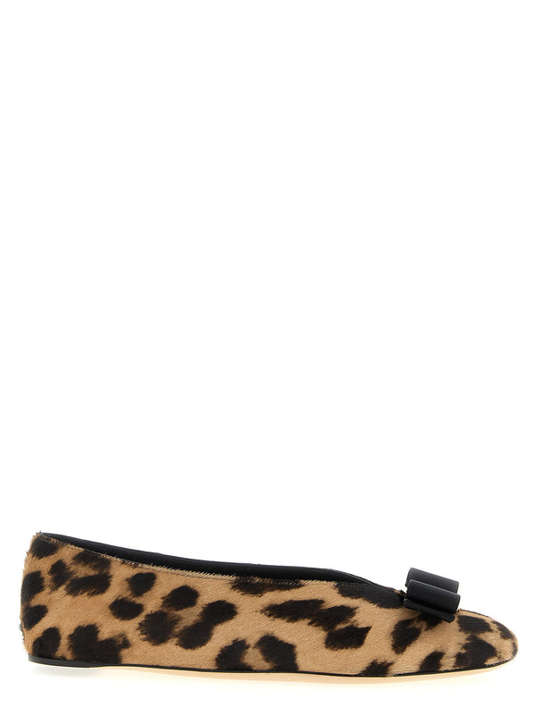 Ferragamo Vanna Ballet Flats for Women Luxurious Pony Hair Animal Print with XL Vara Grosgrain Bow and Rubber Sole