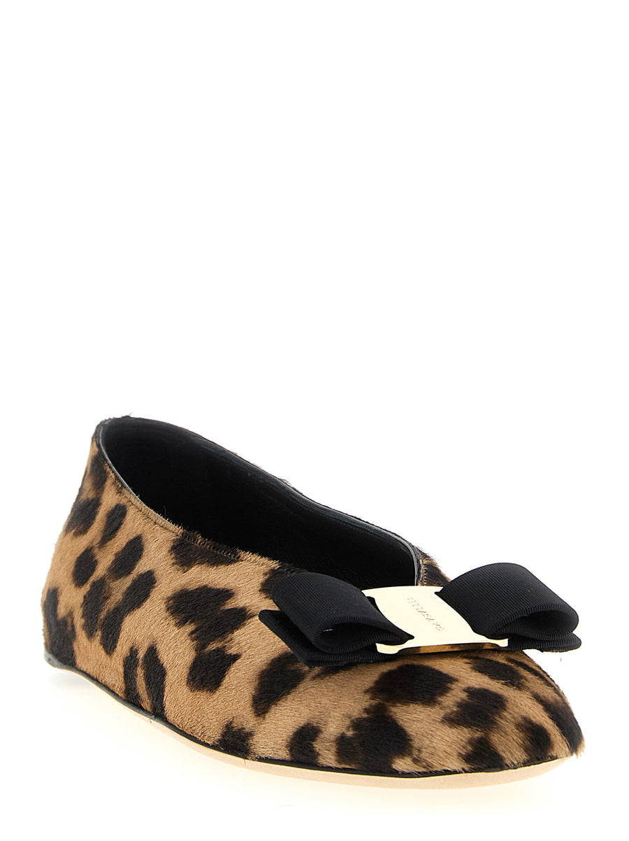 Ferragamo Vanna Ballet Flats for Women Luxurious Pony Hair Animal Print with XL Vara Grosgrain Bow and Rubber Sole