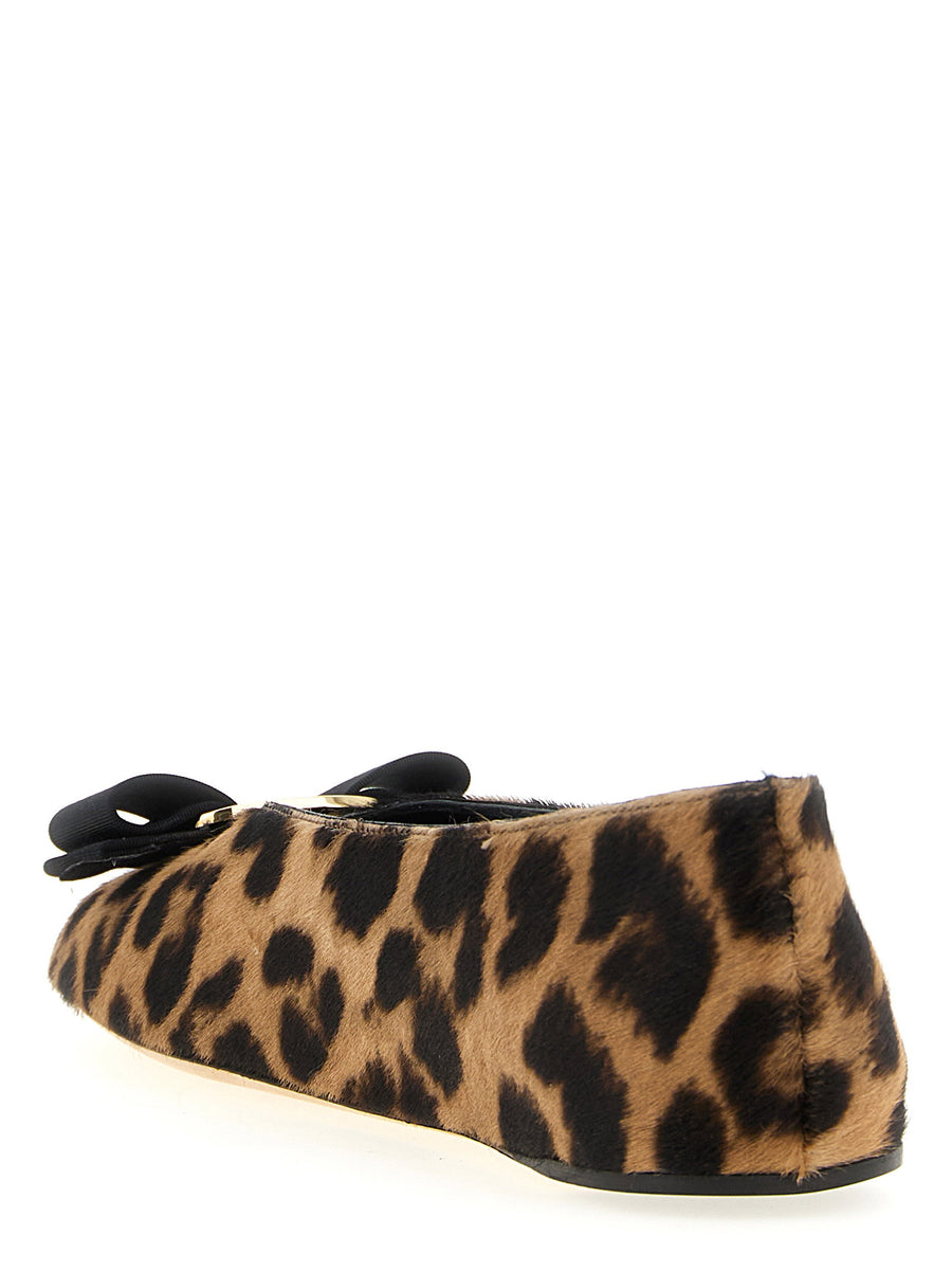 Ferragamo Vanna Ballet Flats for Women Luxurious Pony Hair Animal Print with XL Vara Grosgrain Bow and Rubber Sole