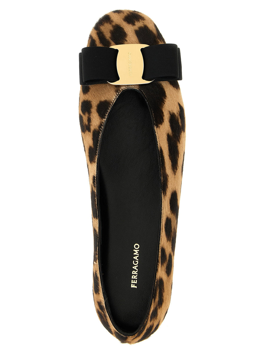 Ferragamo Vanna Ballet Flats for Women Luxurious Pony Hair Animal Print with XL Vara Grosgrain Bow and Rubber Sole