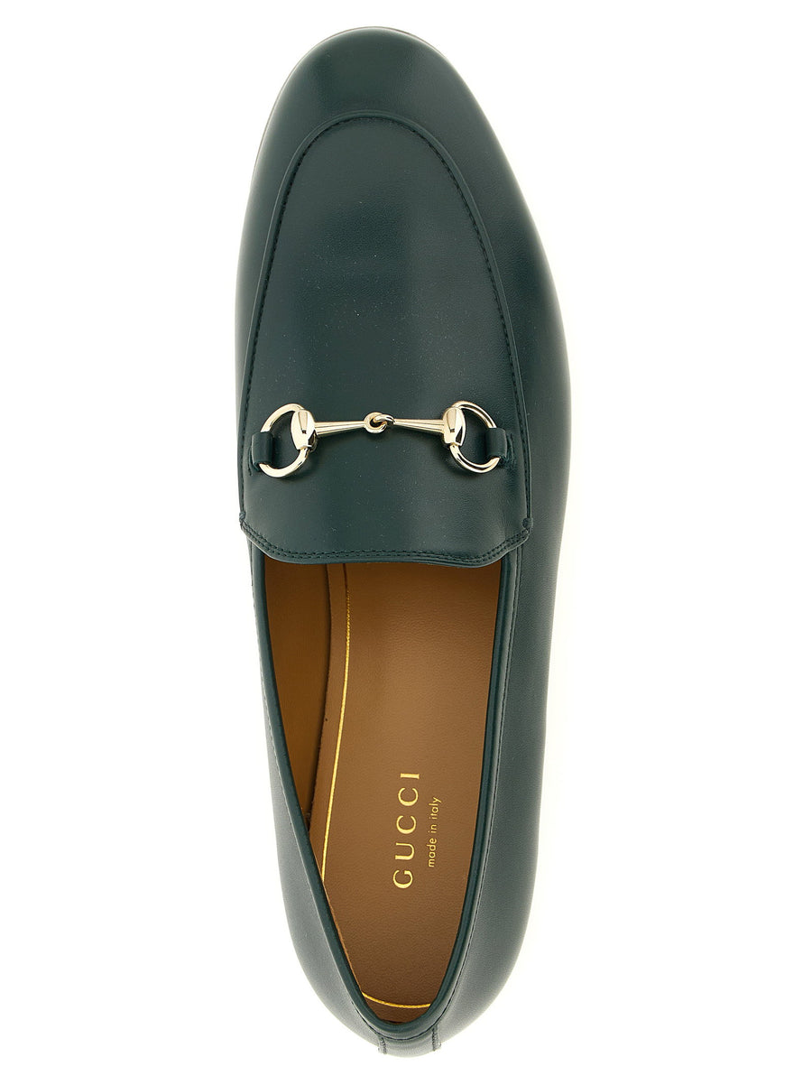 Gucci Jordaan Green Calfskin Leather Loafers Almond Toe With Morsetto