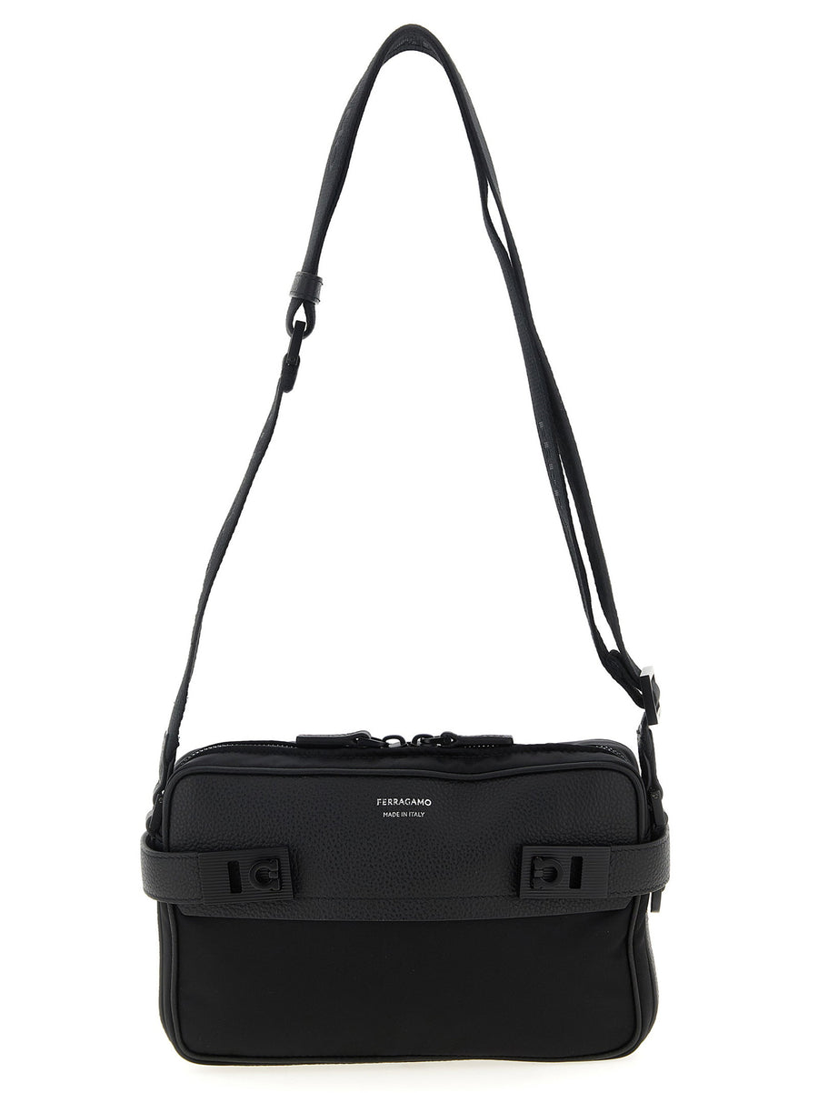Ferragamo Twins Nylon Crossbody Bag For Men Compact City Carry With Leather Trim And Secure Zipper