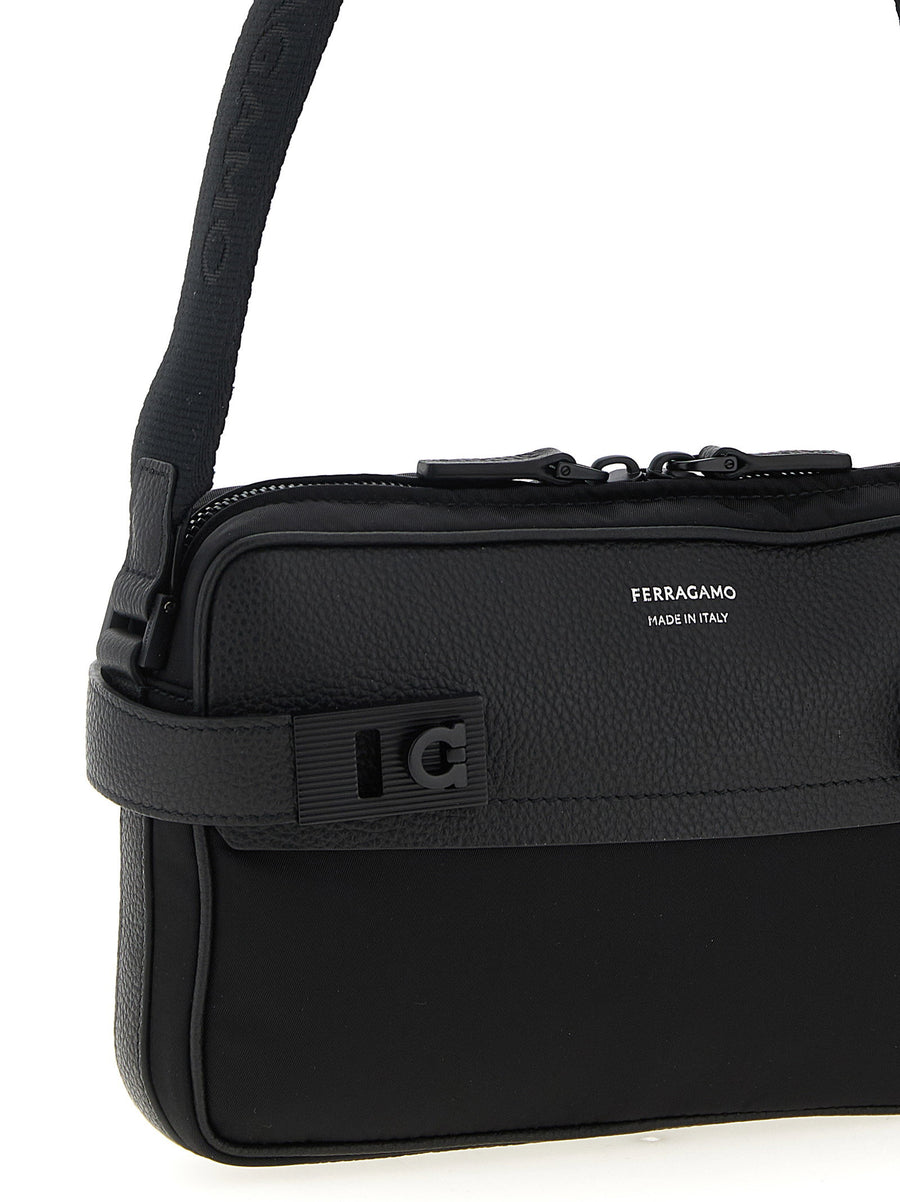 Ferragamo Twins Nylon Crossbody Bag For Men Compact City Carry With Leather Trim And Secure Zipper