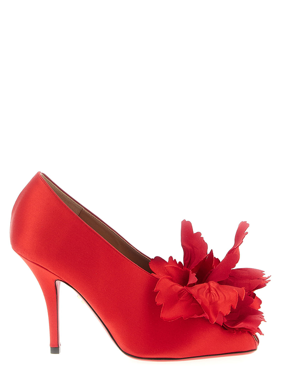 Ferragamo Galia Pumps Red Satin Peep Toe With Maxi Flower Appliqué For Glamorous Evening Wear Women