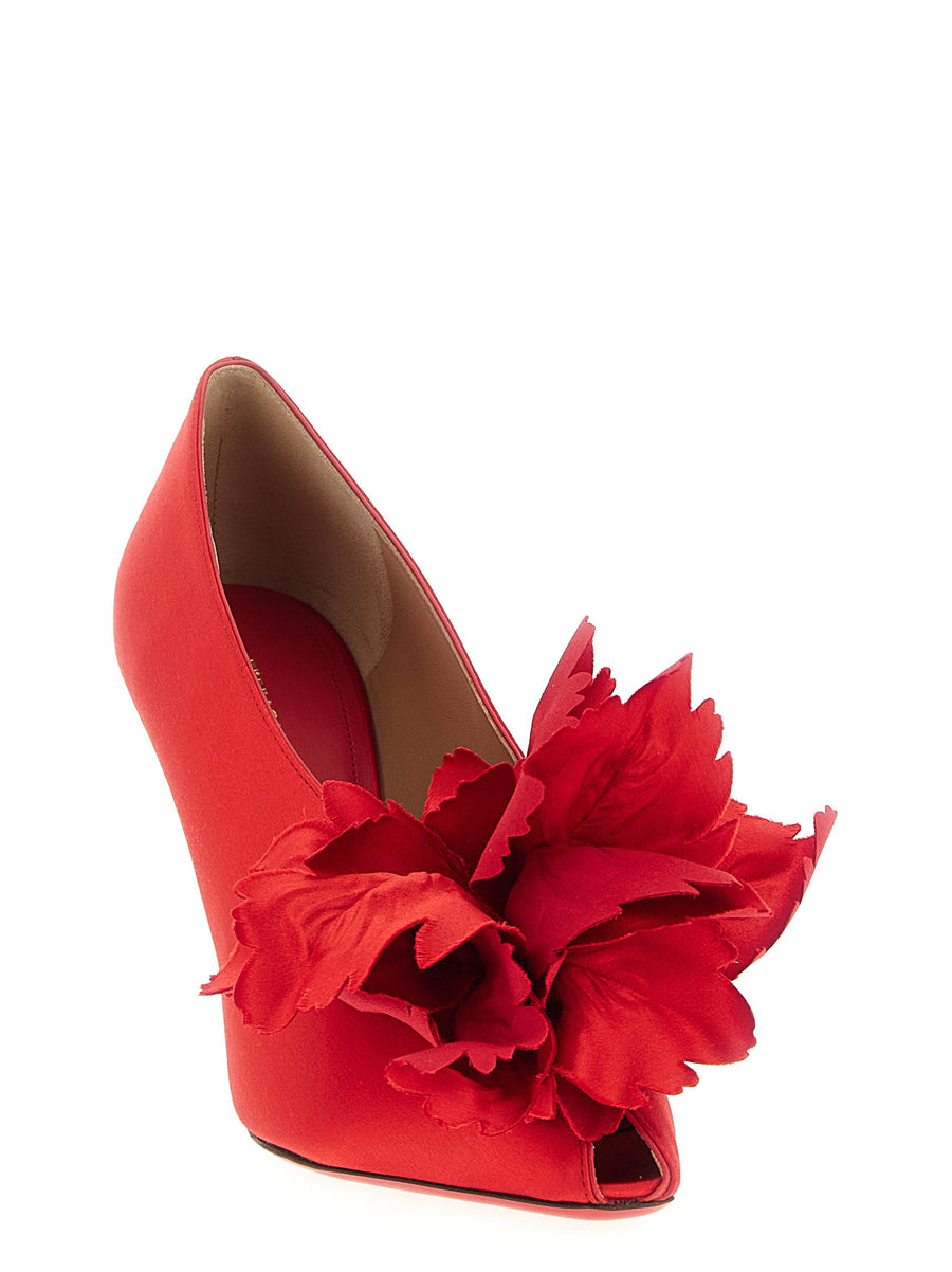 Ferragamo Galia Pumps Red Satin Peep Toe With Maxi Flower Appliqué For Glamorous Evening Wear Women