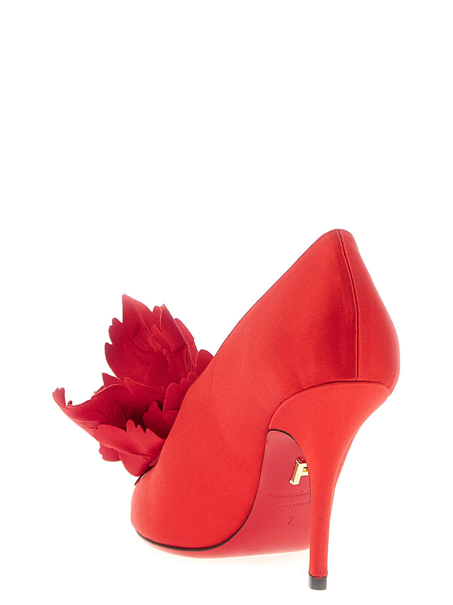 Ferragamo Galia Pumps Red Satin Peep Toe With Maxi Flower Appliqué For Glamorous Evening Wear Women