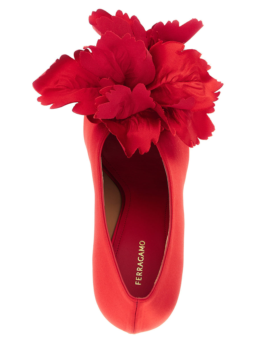 Ferragamo Galia Pumps Red Satin Peep Toe With Maxi Flower Appliqué For Glamorous Evening Wear Women