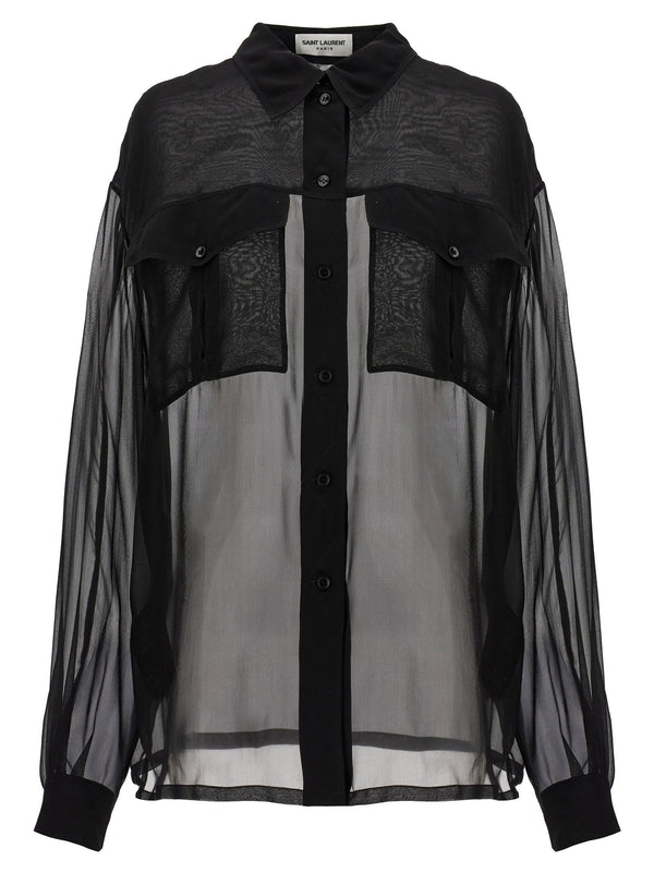 Saint Laurent Silk Muslin Shirt For Women 100 Percent Silk Semi Sheer With Front Pockets Luxury Versatile Style