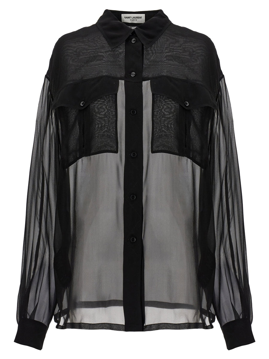 Saint Laurent Silk Muslin Shirt For Women 100 Percent Silk Semi Sheer With Front Pockets Luxury Versatile Style