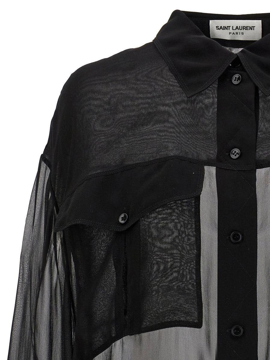 Saint Laurent Silk Muslin Shirt For Women 100 Percent Silk Semi Sheer With Front Pockets Luxury Versatile Style
