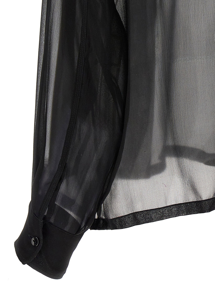 Saint Laurent Silk Muslin Shirt For Women 100 Percent Silk Semi Sheer With Front Pockets Luxury Versatile Style
