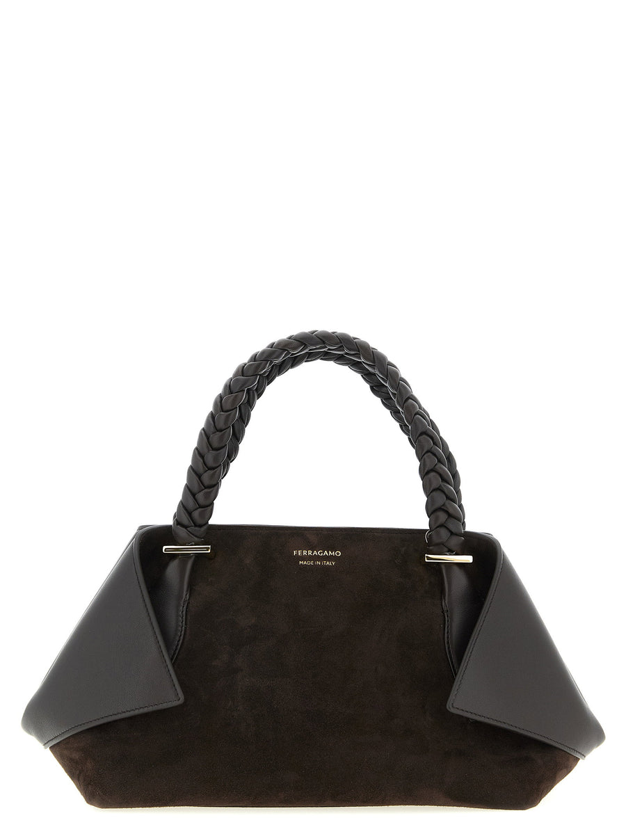 Ferragamo Handbag For Women Luxury Goat Leather With Suede Panels And Padded Handle