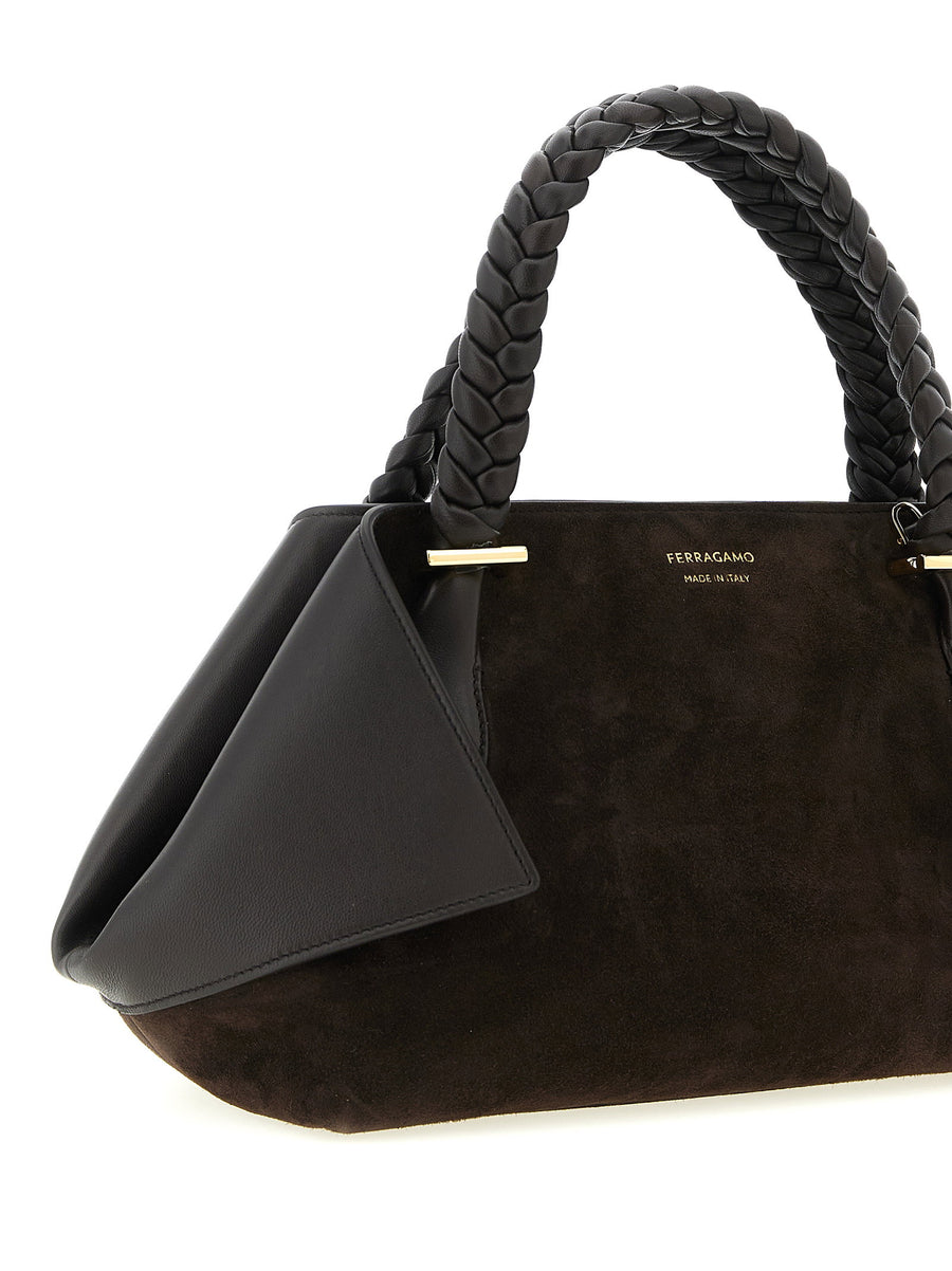 Ferragamo Handbag For Women Luxury Goat Leather With Suede Panels And Padded Handle