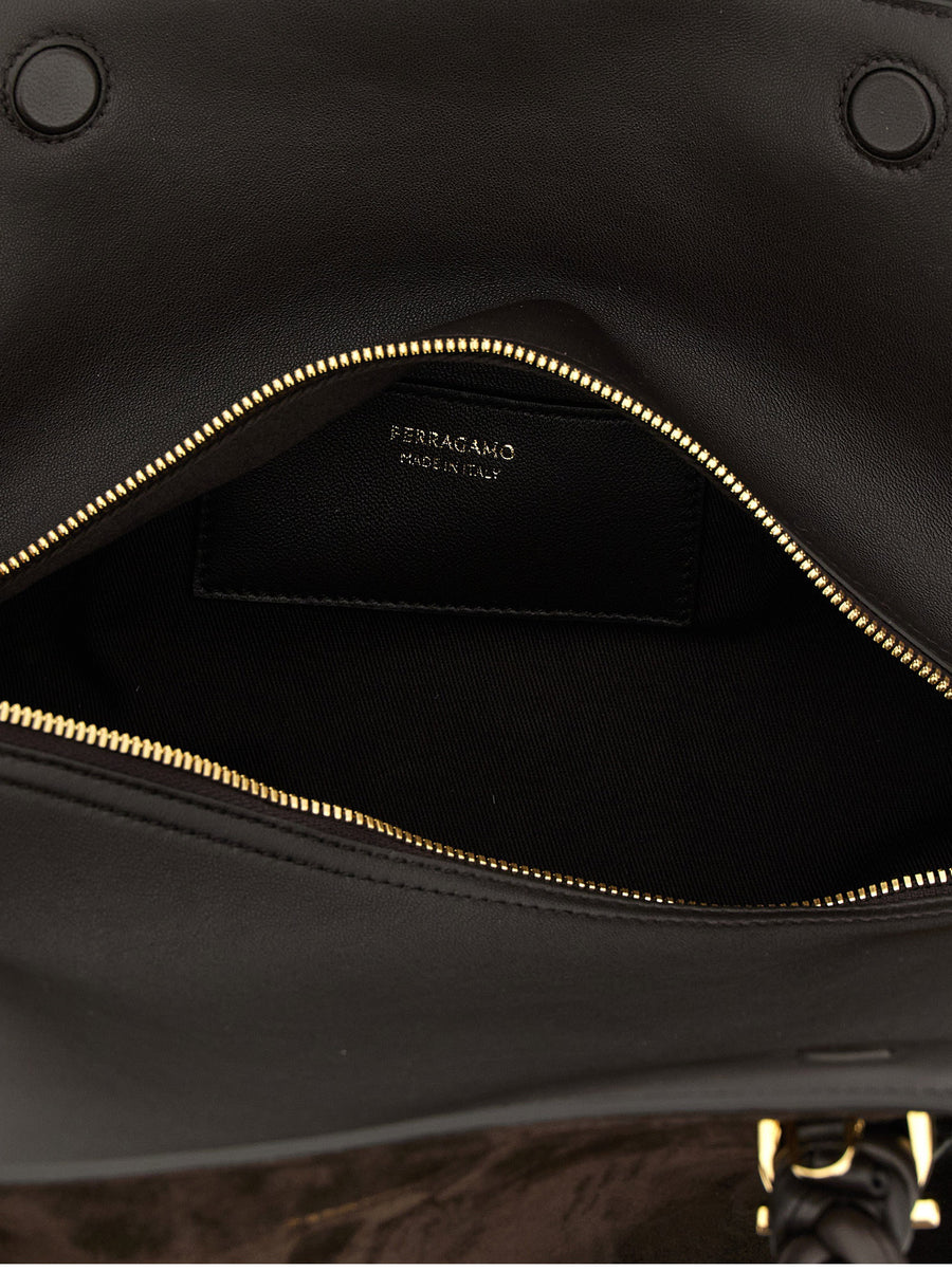 Ferragamo Handbag For Women Luxury Goat Leather With Suede Panels And Padded Handle