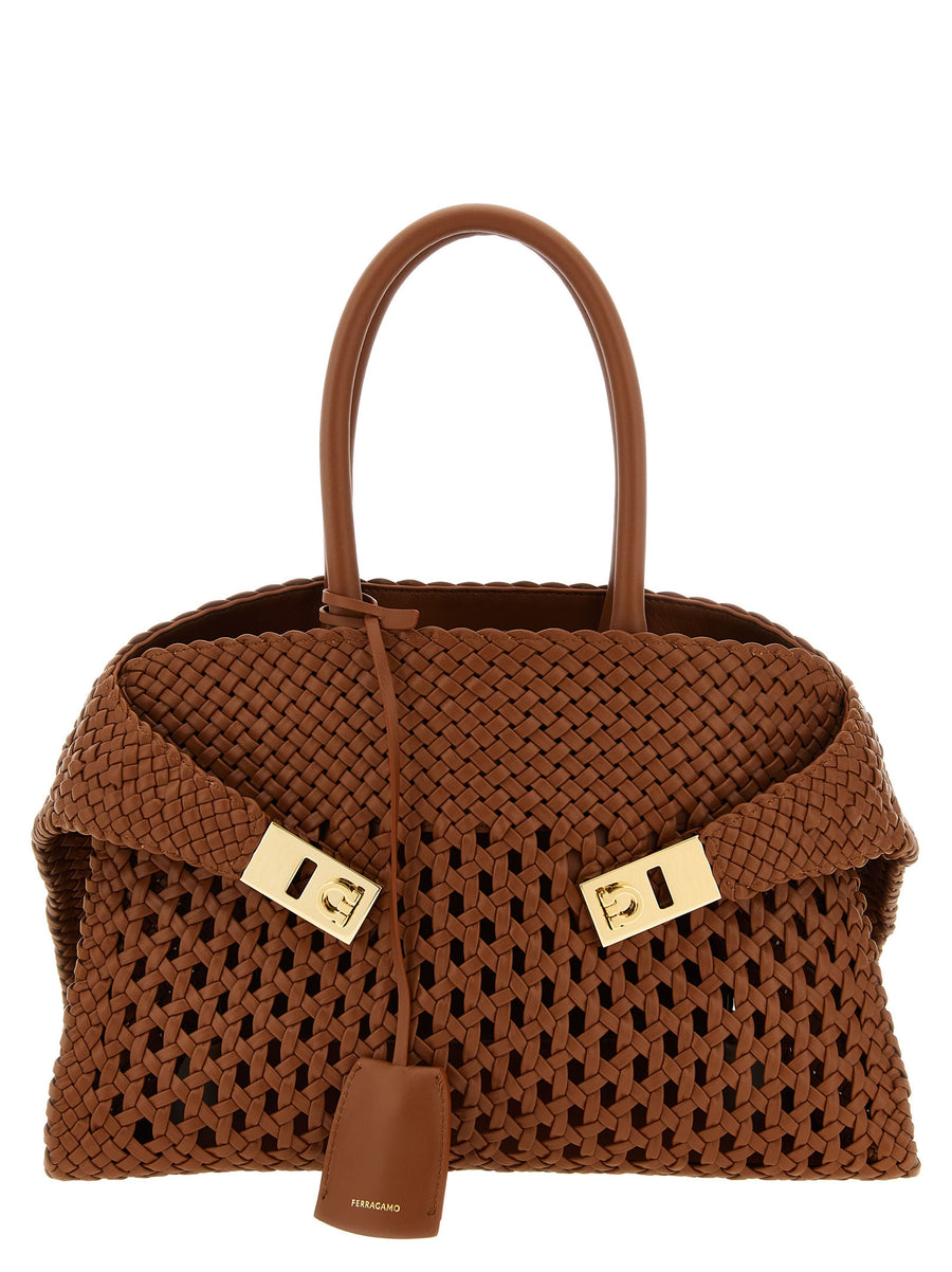 Ferragamo Hug Th S Handbag For Women - Woven Leather Structured Brown Calfskin Luxury