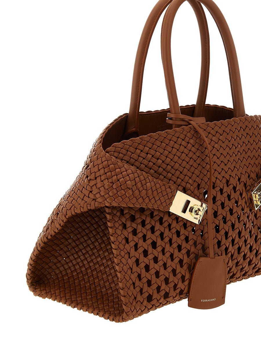 Ferragamo Hug Th S Handbag For Women - Woven Leather Structured Brown Calfskin Luxury