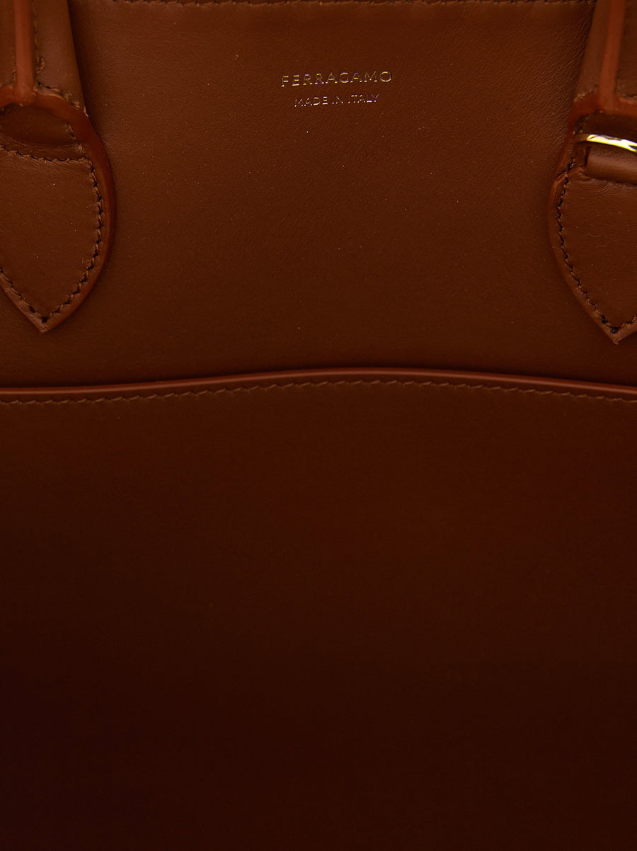 Ferragamo Hug Th S Handbag For Women - Woven Leather Structured Brown Calfskin Luxury