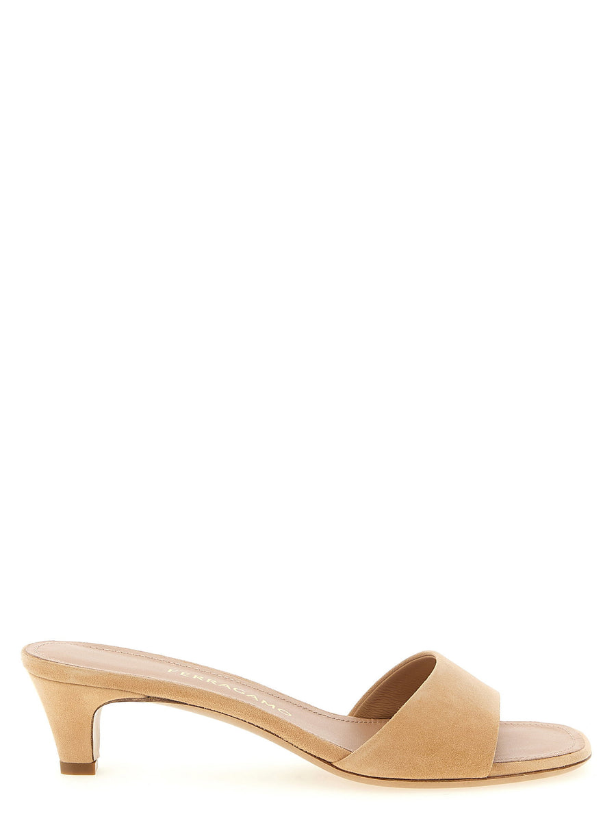 Ferragamo Tatiana Suede Sandals For Women With Leather Sole Beige Heeled Luxury Footwear