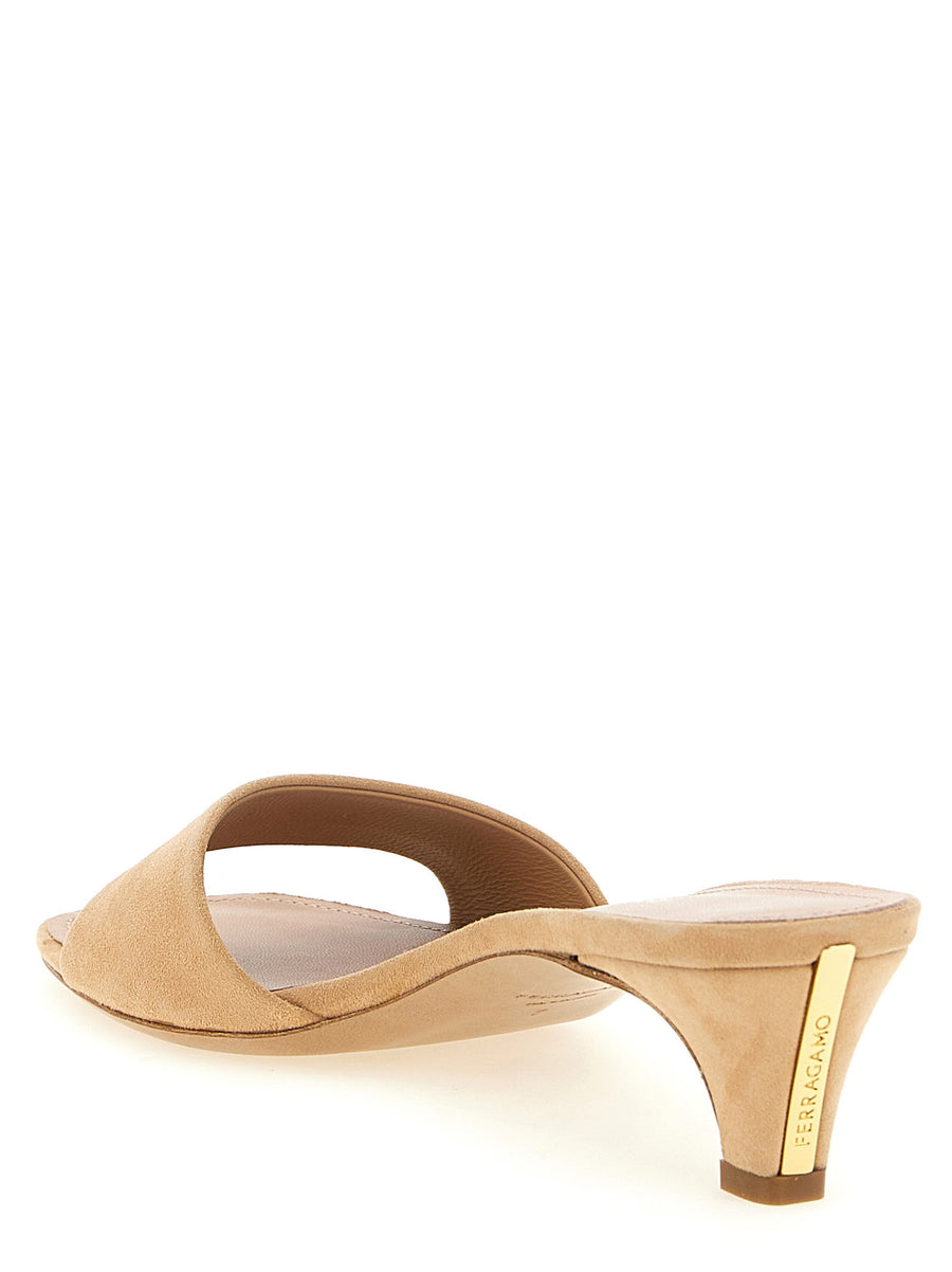 Ferragamo Tatiana Suede Sandals For Women With Leather Sole Beige Heeled Luxury Footwear
